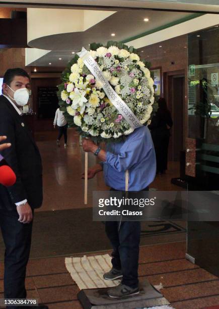 Memorial flower arrangements during the funeral service held for late Mexican film star Isela Vega at Galloso Felix Cuevas funeral parlor on March...