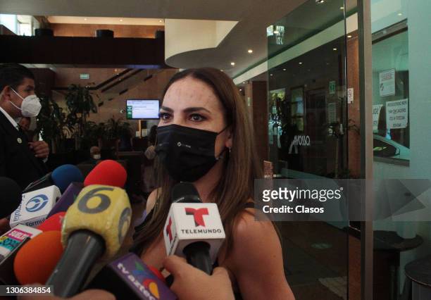 Actress Fabiola Campomanes speaks to the press upon arrival during the funeral service held for late Mexican film star Isela Vega at Galloso Felix...