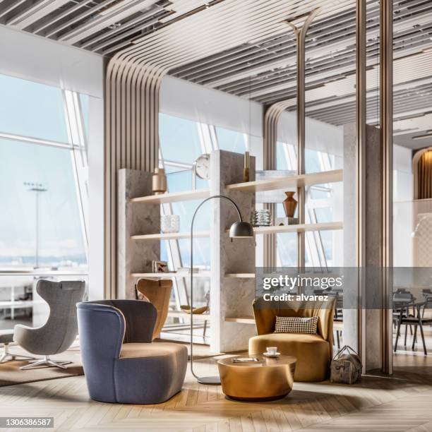 digitally generated image of executive airport lounge - business class lounge stock pictures, royalty-free photos & images