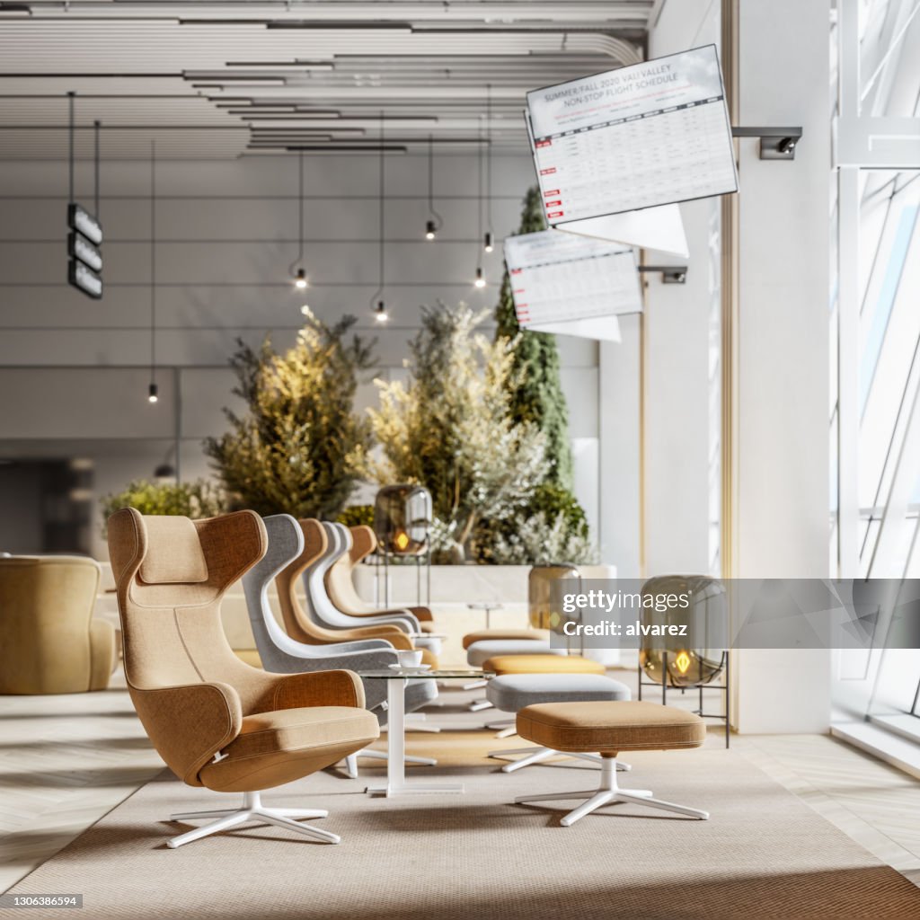 3D render of luxurious airport lounge area