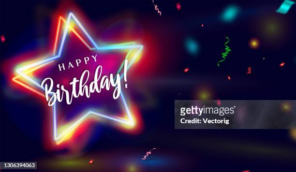 ilustrações, clipart, desenhos animados e ícones de feliz aniversário neon star efeito fundo com confete. - happy birthday