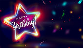 Happy Birthday Neon Star effect Background with confetti.