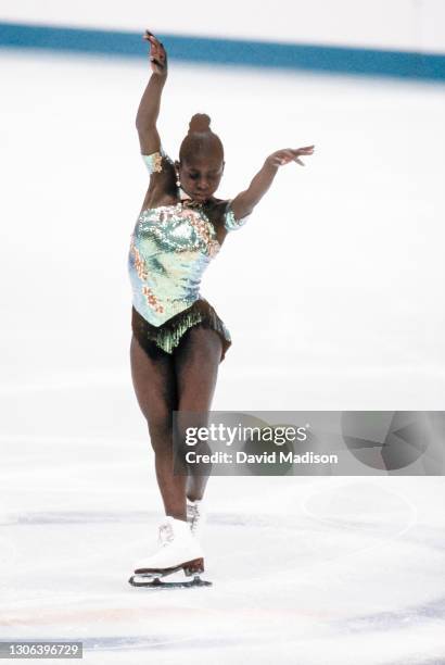 Surya Bonaly of France skates in the Exhibition event of the Figure Skating competition of the 1992 Winter Olympic Games held in Albertville, France...