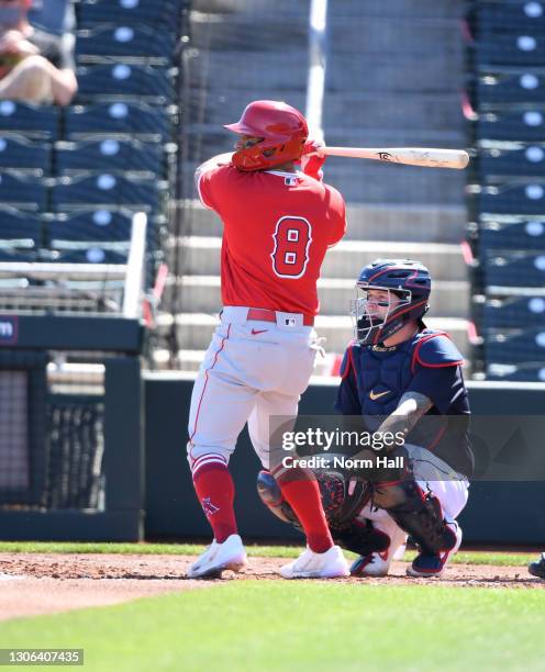 Franklin Barreto of the Los Angeles Angels gets ready in the batters box against the Cleveland Indians during a spring training game at Goodyear...