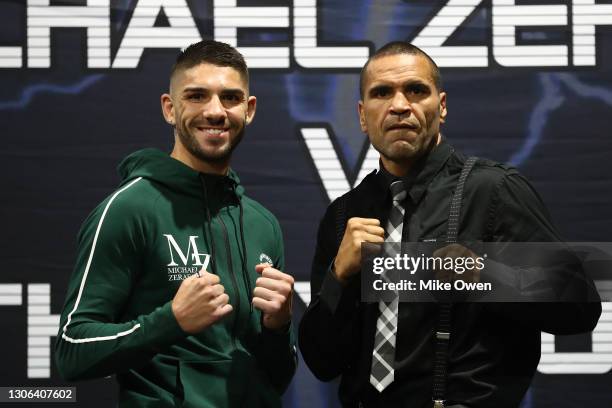 Michael Zerafa and Anthony Mundine pose during a press conference at Melbourne Pavillion on March 11, 2021 in Melbourne, Australia.