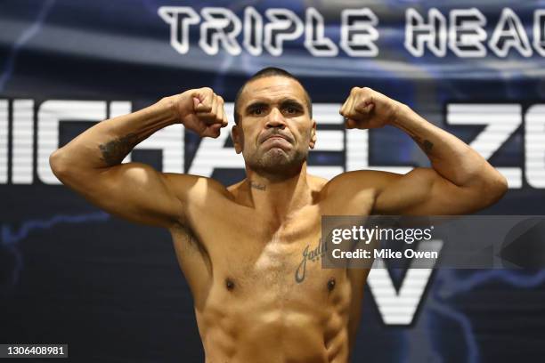 Anthony Mundine poses during the weight in during a press conference at Melbourne Pavillion on March 11, 2021 in Melbourne, Australia.