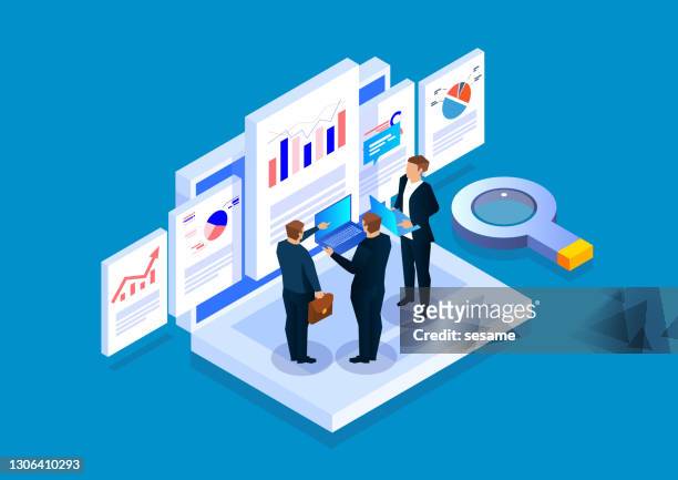 three businessmen standing on laptops discussing analysis and research on web data and reports - dashboard stock illustrations