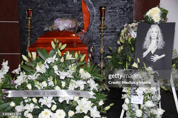 Detail of a coffin and flowers during the funeral service held for late Mexican film star Isela Vega at Galloso Felix Cuevas funeral parlor on March...