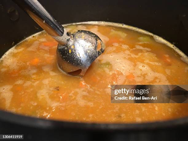 hand blender blending a vegetables soup - blender stock-fotos und bilder