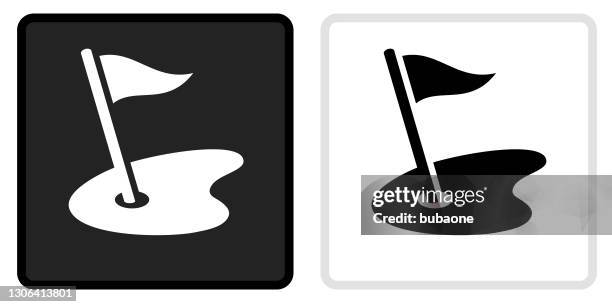 golf field icon on black button with white rollover - golf hole stock illustrations