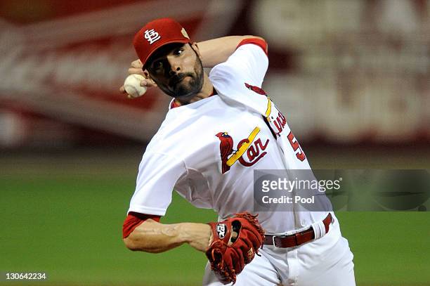 Jaime Garcia of the St. Louis Cardinals pitches in the second inning during Game Six of the MLB World Series against the Texas Rangers at Busch...