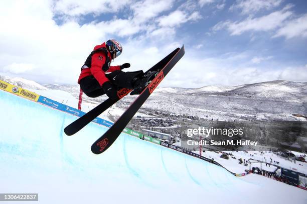 Ailing Eileen Gu of China competes in the women's freeski halfpipe qualifications during Day 1 of the Aspen 2021 FIS Snowboard and Freeski World...