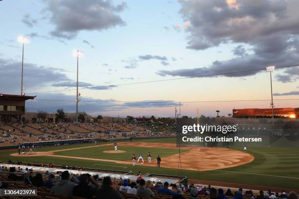 General view of action as starting pitcher Clayton Kershaw of the Los Angeles Dodgers pitches against the Arizona Diamondbacks during the third...