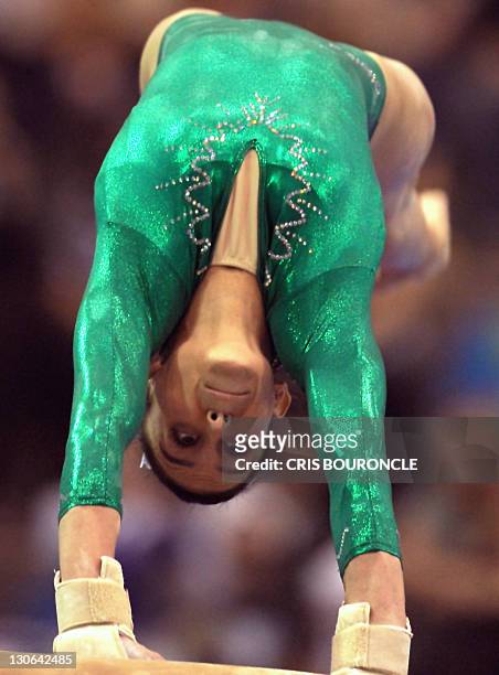 Mexican Elsa Garcia leaps onto the horse to win the silver medal of the artistic gymnastics vault competition during the XVI Pan-American Games in...