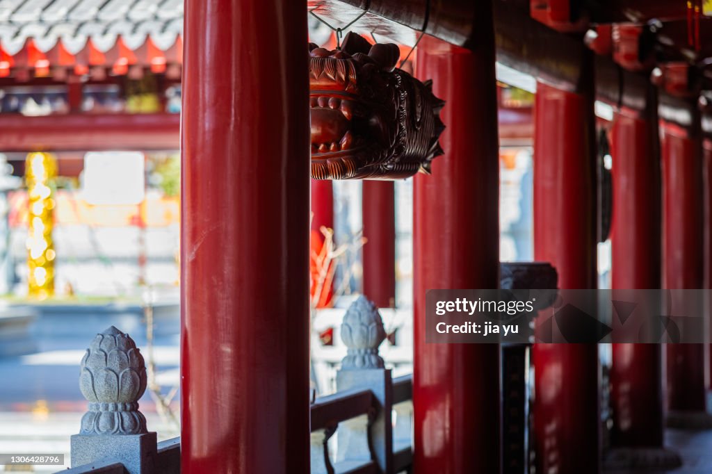 The red pillars of the temple. Jiangyin City, Jiangsu Province, China.