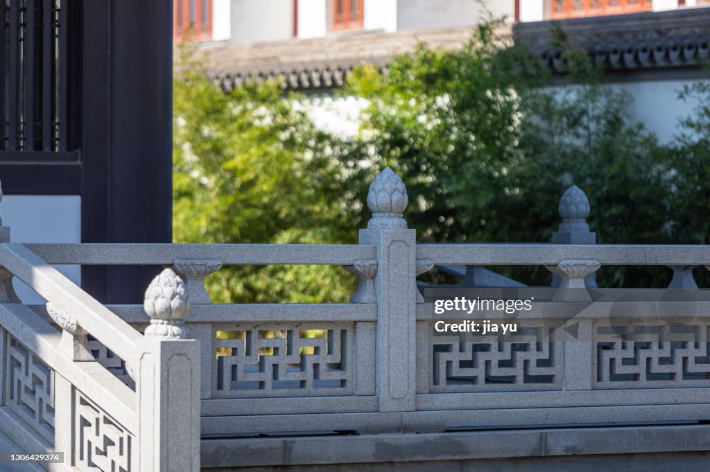 Temple buildings, stone railings around houses. Jiangyin City, Jiangsu Province, China.