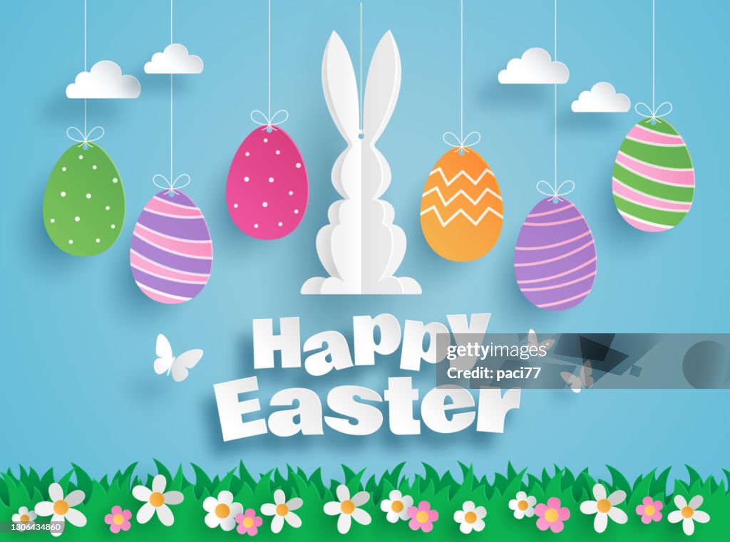 Happy Easter paper art with Easter eggs and rabbit, greeting card. Paper cut style. Vector illustration