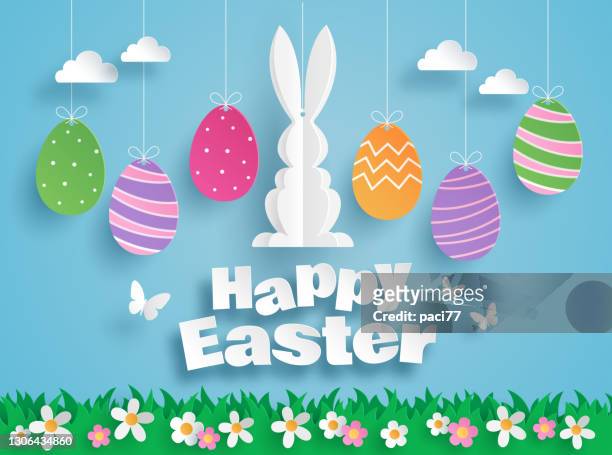 happy easter paper art with easter eggs and rabbit, greeting card. paper cut style. vector illustration - easter stock illustrations