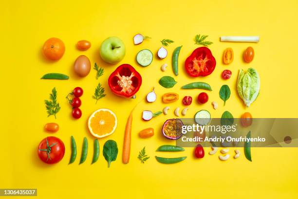 colourful food conceptual still life - food background stock-fotos und bilder