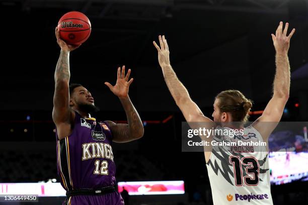 Jarell Martin of the Kings shoots during the NBL Cup match between the Sydney Kings and the Illawarra Hawks at John Cain Arena on March 11 in...