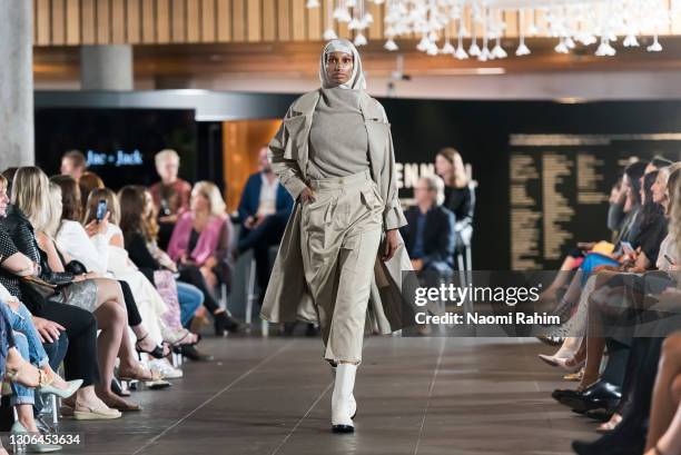 Hanan Ibrahim walks the runway during Runway 1 at Melbourne Fashion Festival on March 11, 2021 in Melbourne, Australia.