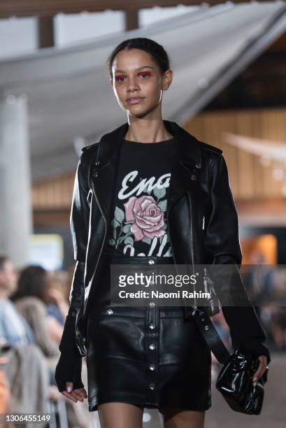 Model walks the runway during Runway 1 at Melbourne Fashion Festival on March 11, 2021 in Melbourne, Australia.