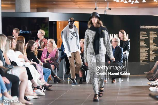 Model walks the runway in designs by Kenzo during Runway 1 at Melbourne Fashion Festival on March 11, 2021 in Melbourne, Australia.