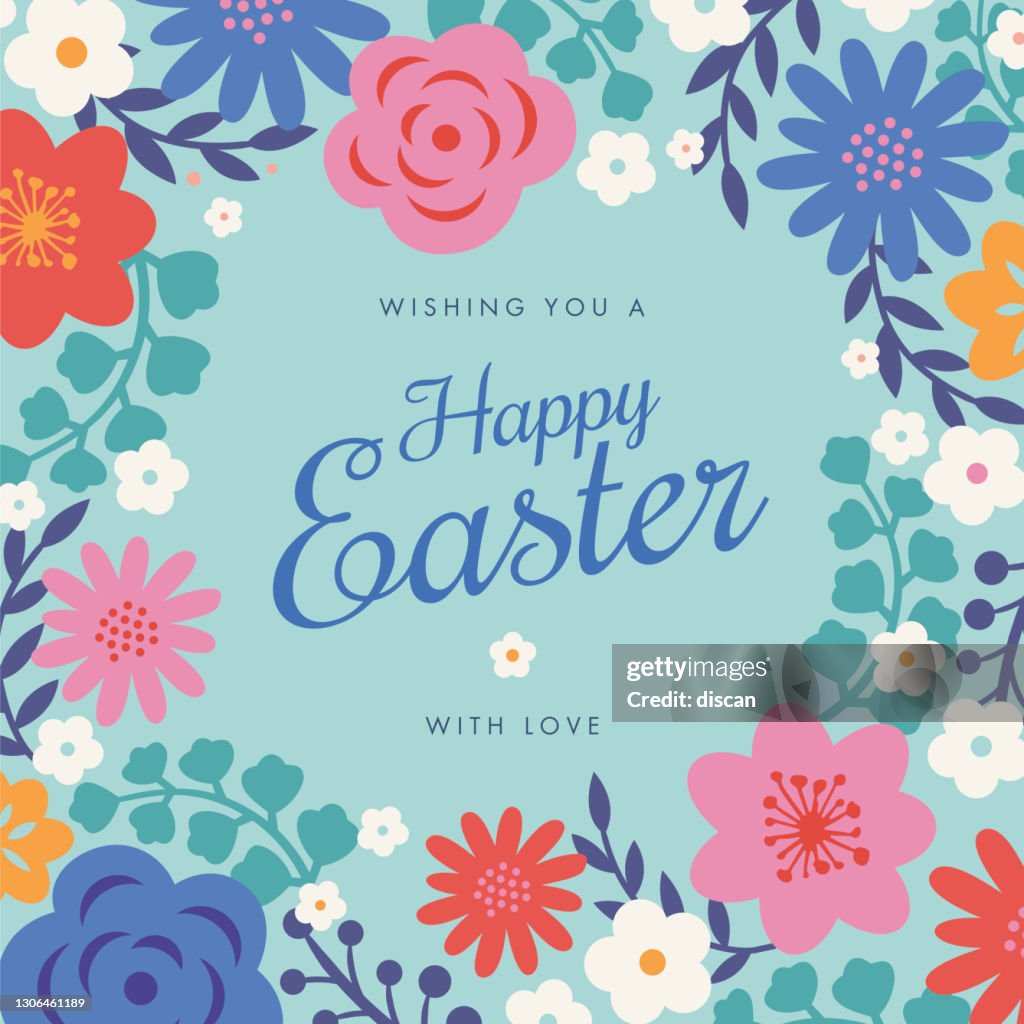 Tarjeta de Pascua con marco de flores.