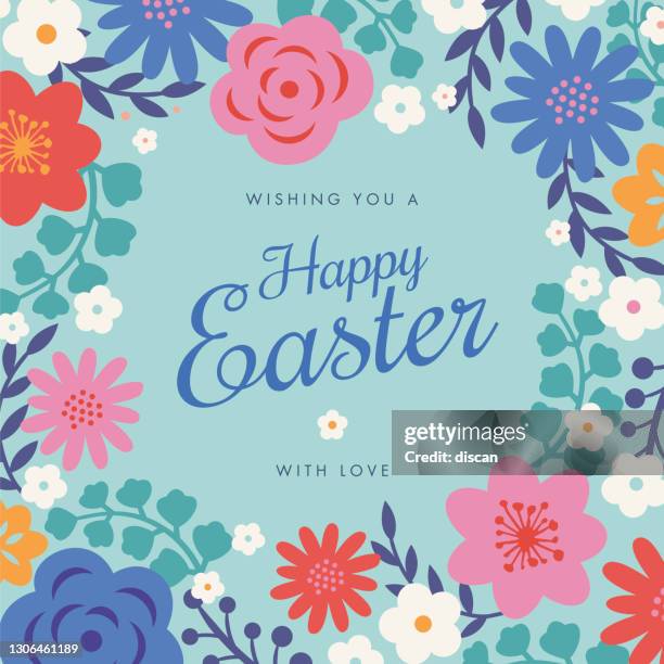 ilustrações de stock, clip art, desenhos animados e ícones de easter card with flowers frame. - floral vector