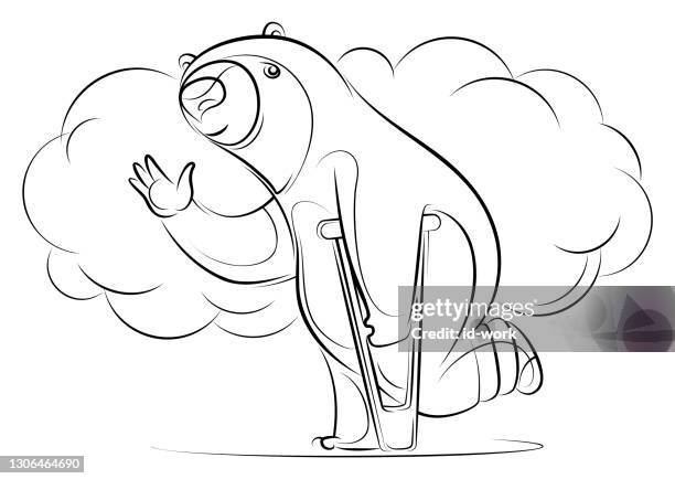 injured bear with crutch waving line drawing - funny polar bear stock illustrations