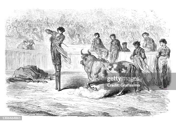 torero miguel lopez gorrito mounted on stilts at bullring in seville spain - bullfight stock illustrations