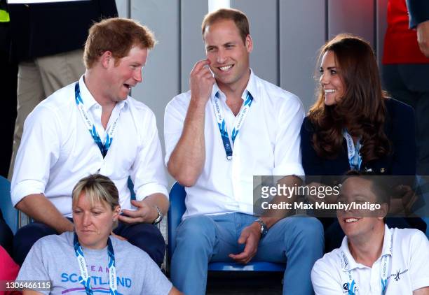 Prince Harry, Prince William, Duke of Cambridge and Catherine, Duchess of Cambridge watch the Wales v Scotland Hockey match at the Glasgow National...