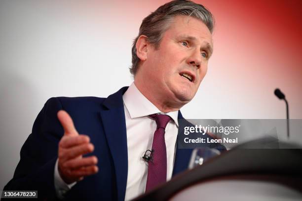 Labour Party Leader Sir Keir Starmer launches the party's local election campaign during a speech at the Labour Party headquarters on March 11, 2021...