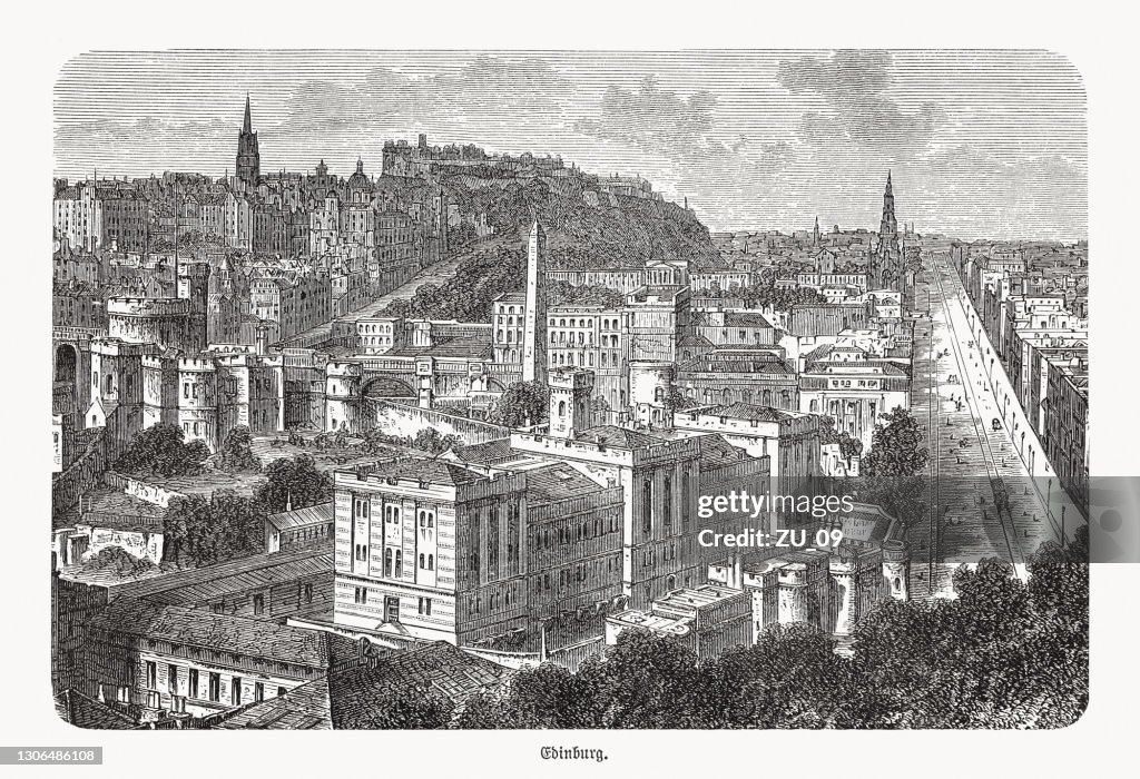 Historical view of Edinburgh, Scotland, UK, wood engraving, published 1893