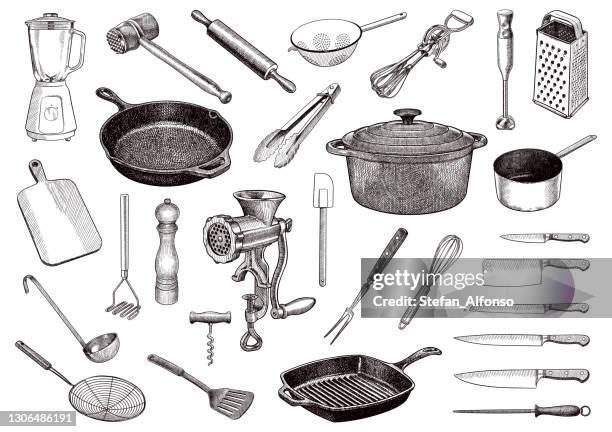 illustrations, cliparts, dessins animés et icônes de ensemble de dessins vectoriels des outils de cuisine - silverware