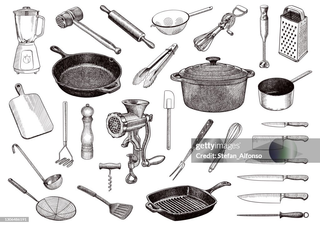 Set di disegni vettoriali di utensili da cucina