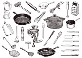 Set of vector drawings of kitchen tools