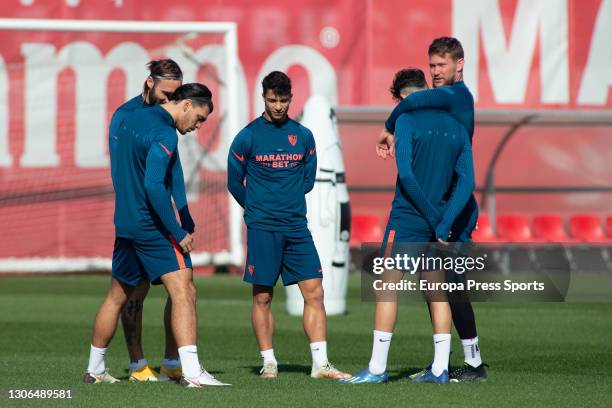 Karim Rekik, Nemanja Gudelj, Oliver Torres and Tomas Vaclik came together during the Sevilla FC training session at Ciudad Deportiva Jose Ramon...