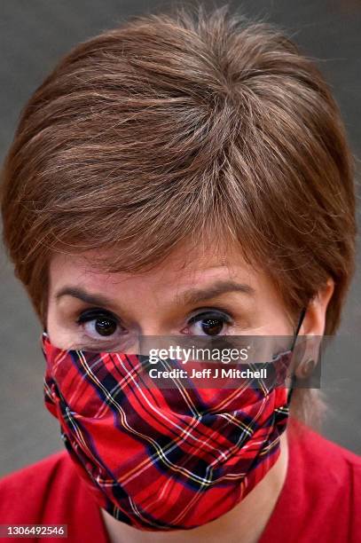 First Minister Nicola Sturgeon attends First Minister's Questions at the Scottish Parliament on March 11, 2021 in Edinburgh, Scotland. First Minister...