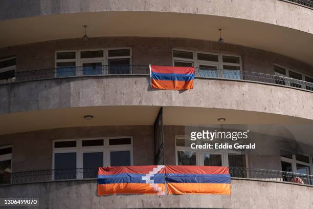 the artsakh and armenian flag - nagorno karabakh stock pictures, royalty-free photos & images