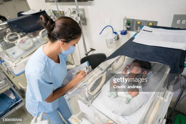 nurse checking on a premature newborn in an incubator while wearing a facemask - incubator stock pictures, royalty-free photos & images