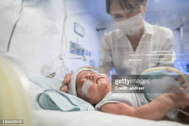 loving mother looking at her newborn in an incubator while wearing a facemask - doctor emergency imagens e fotografias de stock