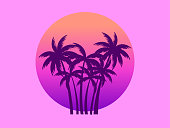 Palm trees against a gradient sun in the style of the 80s. Synthwave and retrowave style. Orange color. Design for advertising brochures, banners, posters, travel agencies. Vector illustration