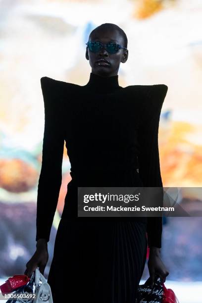 Model showcases designs by Balenciaga during the Gala Runway at Melbourne Fashion Festival at National Gallery of Victoria on March 11, 2021 in...