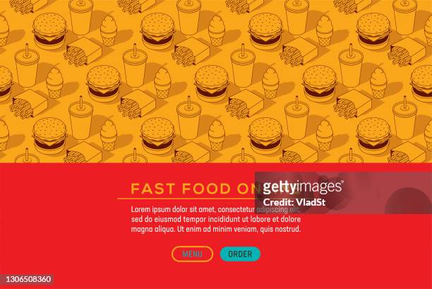 ilustrações, clipart, desenhos animados e ícones de fast food junk meal burger soda fritas isometric seamless pattern web modelo de página web - fast food