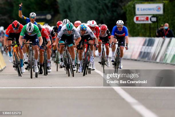 Sprint / Arrival / Sam Bennett of Ireland and Team Deceuninck - Quick-Step Green sprint jersey, Nacer Bouhanni of France and Team Arkea - Samsic,...