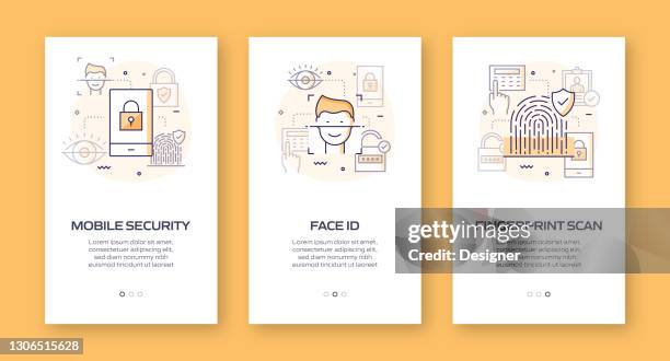 data security and cyber security concept onboarding mobile app page screen with flat icons. ux, ui design template vector illustration - mobile security stock illustrations