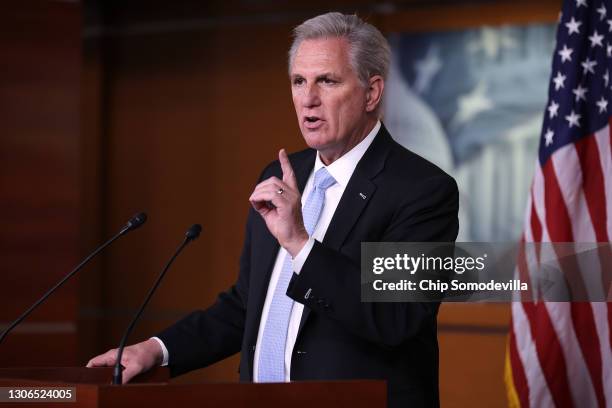 House Minority Leader Kevin McCarthy holds his weekly news conference the U.S. Capitol Visitors Center on March 11, 2021 in Washington, DC. One day...