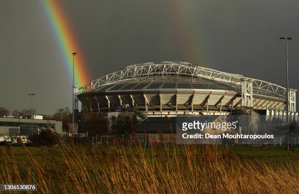 General view outside the stadium as a rainbow is seen in the distance prior to the UEFA Europa League Round of 16 First Leg match between Ajax and...