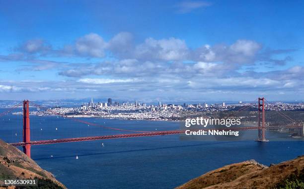 golden gate bridge and san francisco from marin headlands 1974 - 1974 stock pictures, royalty-free photos & images